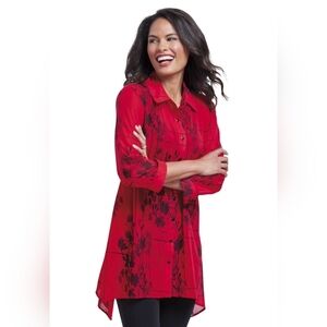 Serengeti Red and Black Tunic Top with Chic Silhouette Size Medium